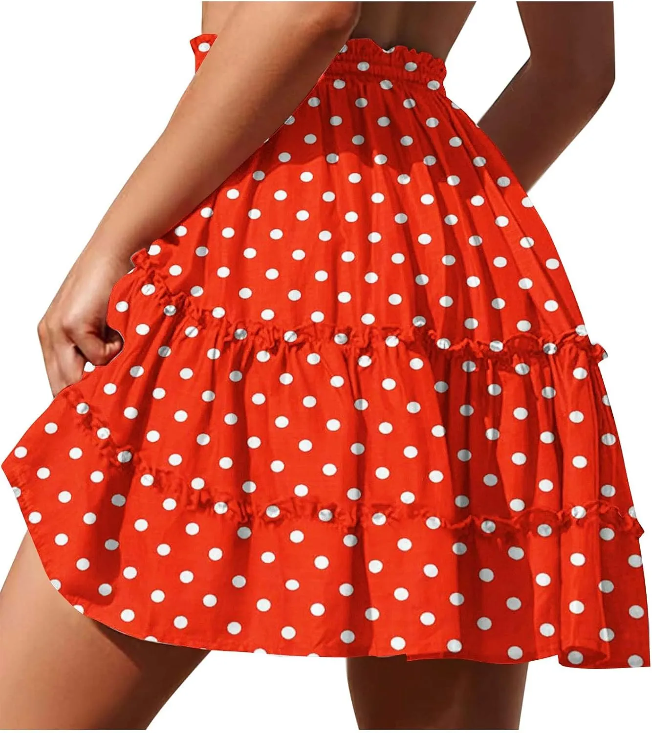 Women's Mini Skirts Summer Floral High Waist Ruffle Drawstring Tie Polka Dots Short Skirt Flowy Beach Skirts