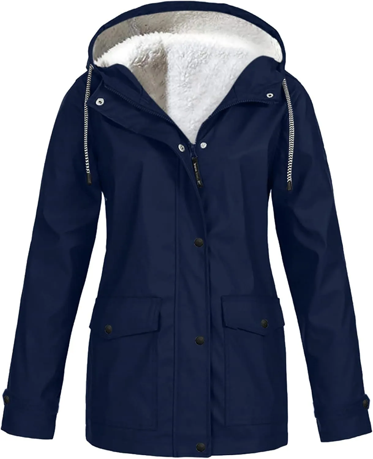 Women's Plus Size Fleece Lined Jacket Waterproof Windproof Snow Ski Hooded Raincoats Outdoor Lightweight Trench Coat