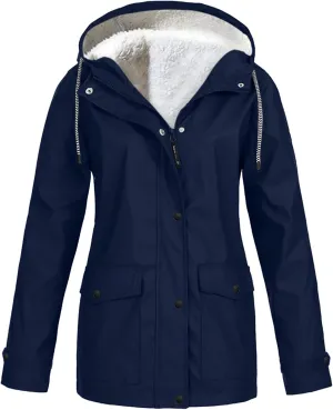 Women's Plus Size Fleece Lined Jacket Waterproof Windproof Snow Ski Hooded Raincoats Outdoor Lightweight Trench Coat