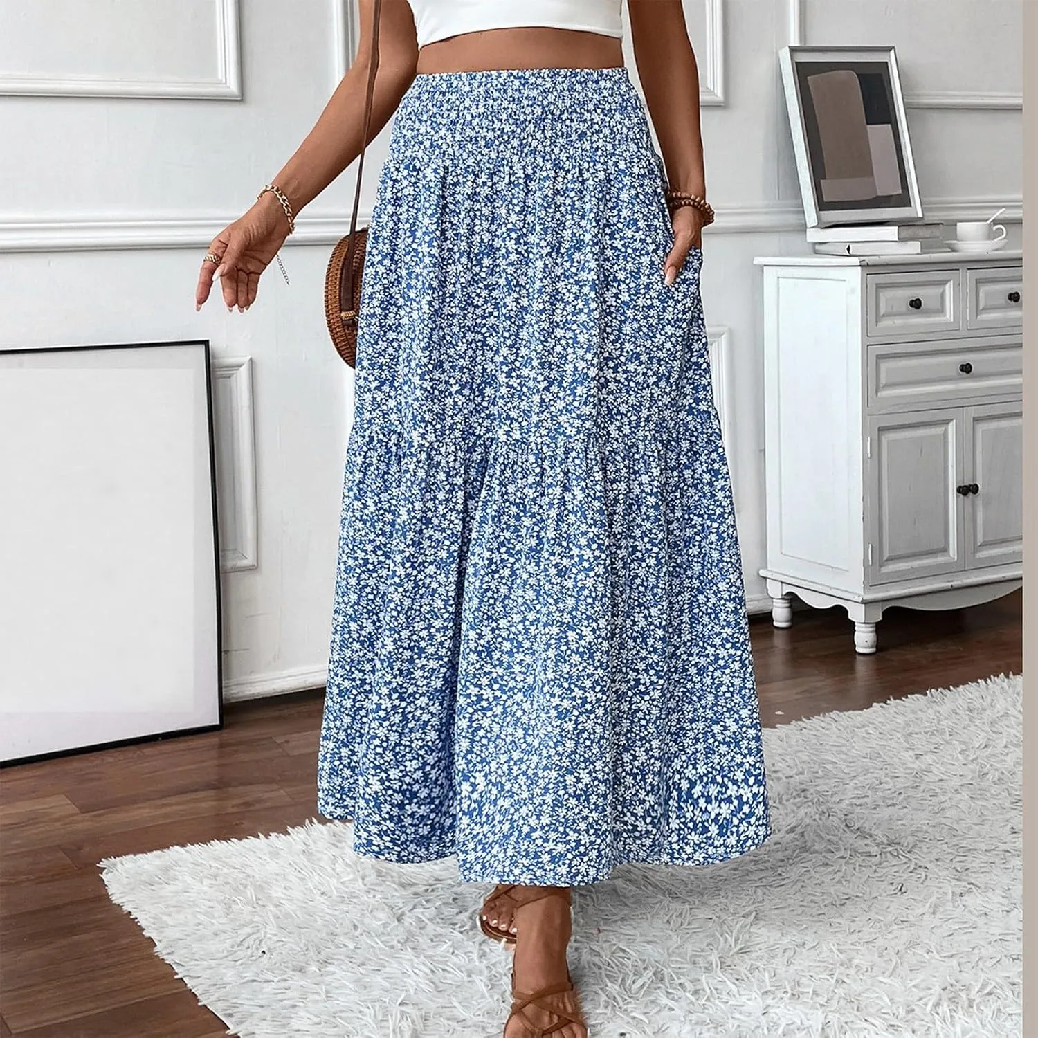 Women's Skirts Bohemian Long Skirts Flowy High Waist A Line Maxi Skirts Summer Pleated, S-XL