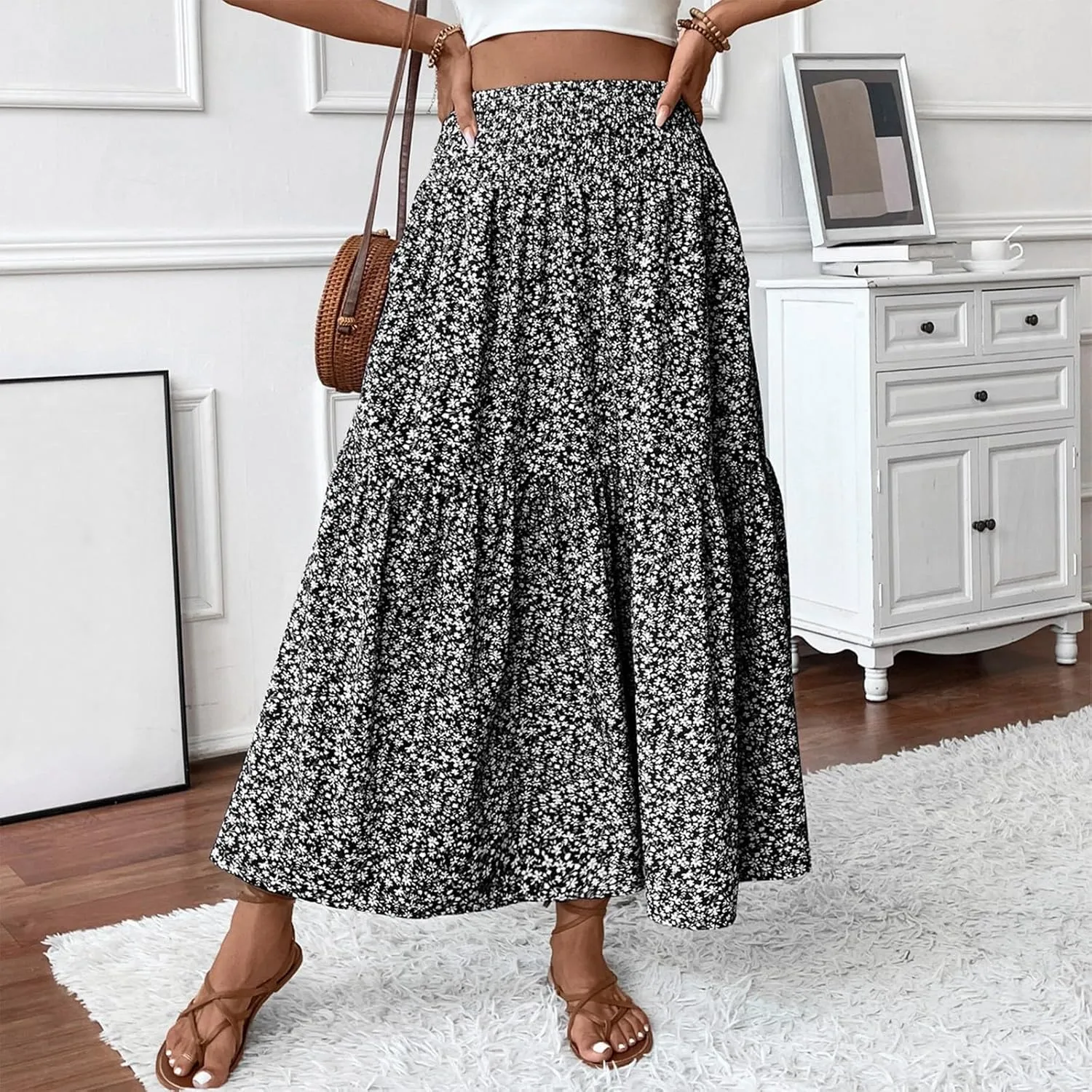 Women's Skirts Bohemian Long Skirts Flowy High Waist A Line Maxi Skirts Summer Pleated, S-XL