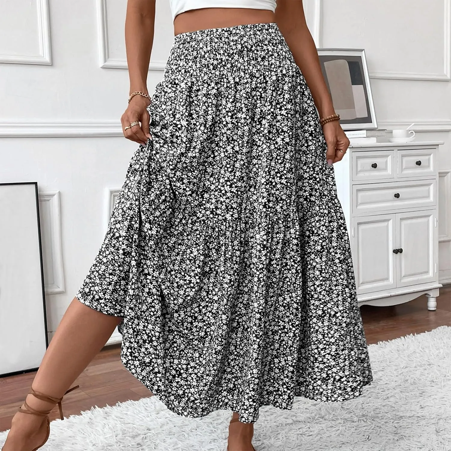 Women's Skirts Bohemian Long Skirts Flowy High Waist A Line Maxi Skirts Summer Pleated, S-XL