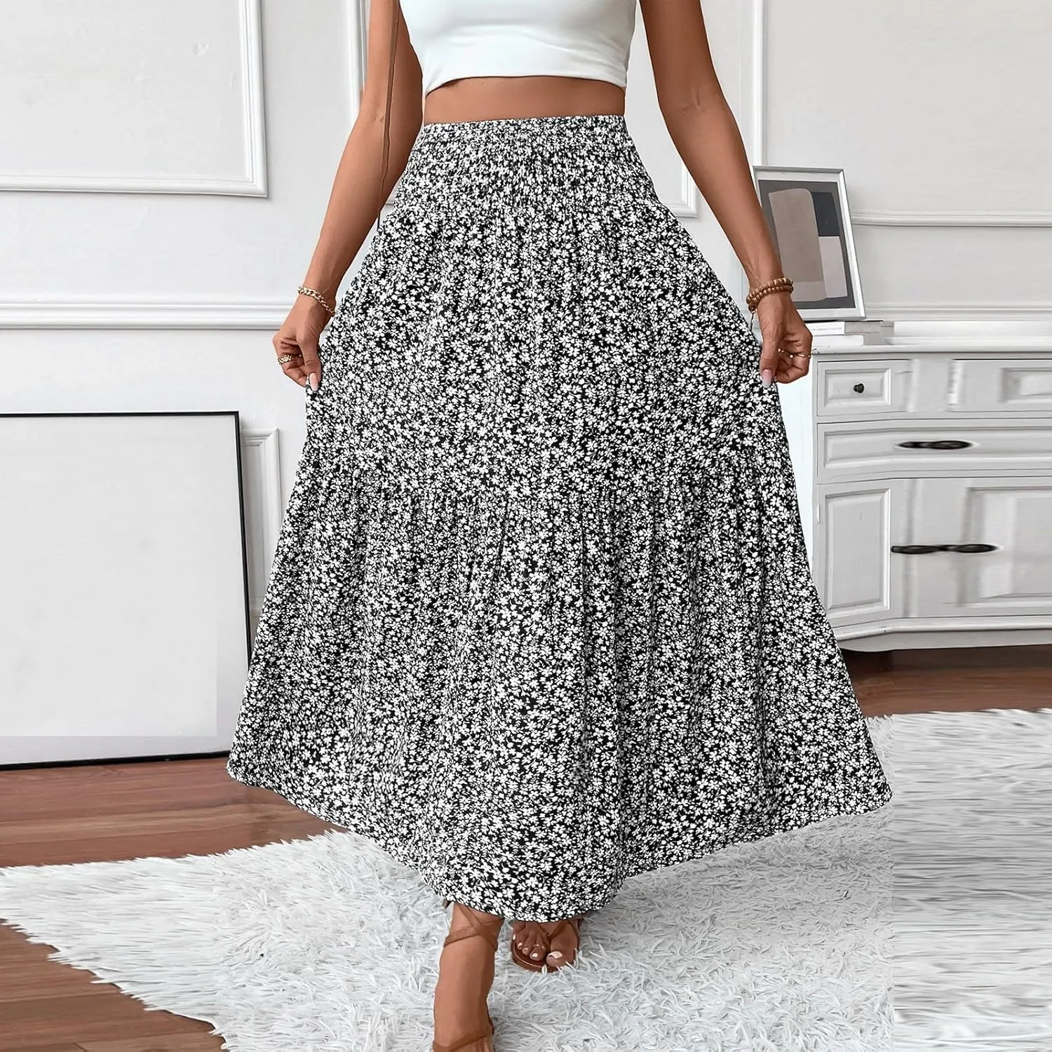 Women's Skirts Bohemian Long Skirts Flowy High Waist A Line Maxi Skirts Summer Pleated, S-XL