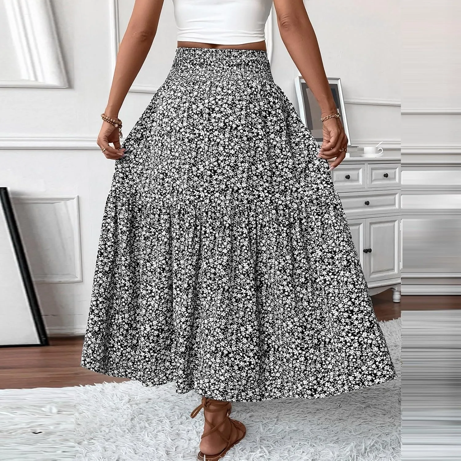 Women's Skirts Bohemian Long Skirts Flowy High Waist A Line Maxi Skirts Summer Pleated, S-XL