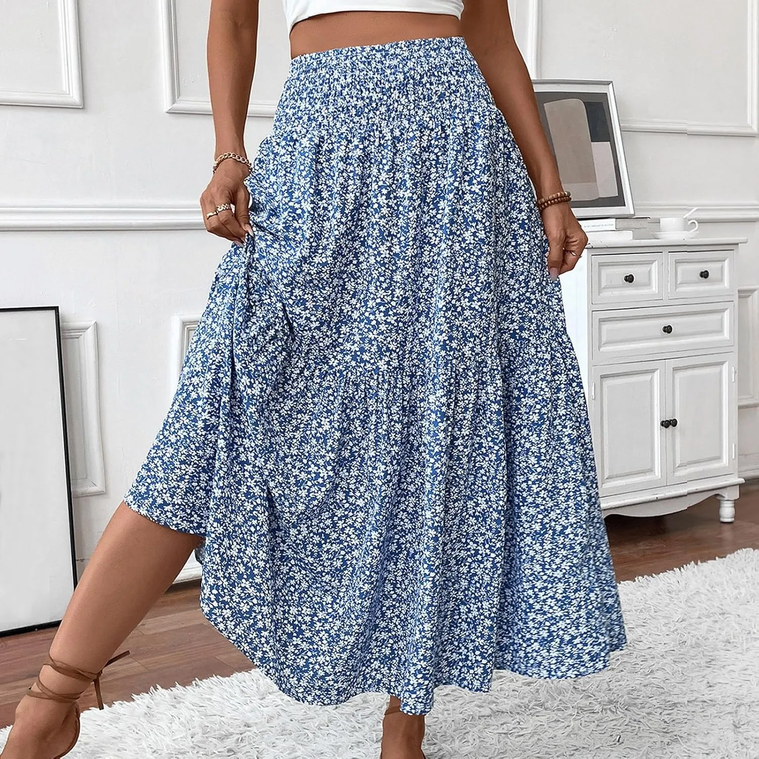Women's Skirts Bohemian Long Skirts Flowy High Waist A Line Maxi Skirts Summer Pleated, S-XL