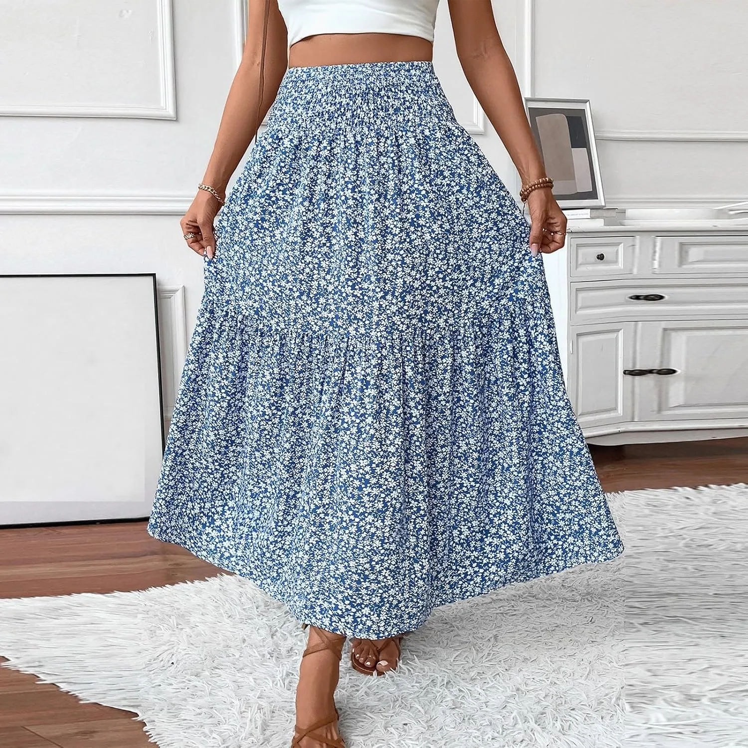 Women's Skirts Bohemian Long Skirts Flowy High Waist A Line Maxi Skirts Summer Pleated, S-XL