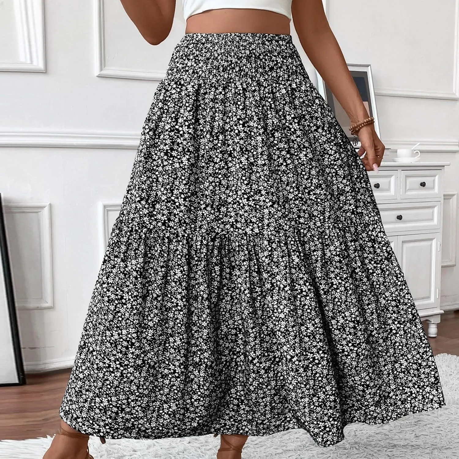 Women's Skirts Bohemian Long Skirts Flowy High Waist A Line Maxi Skirts Summer Pleated, S-XL