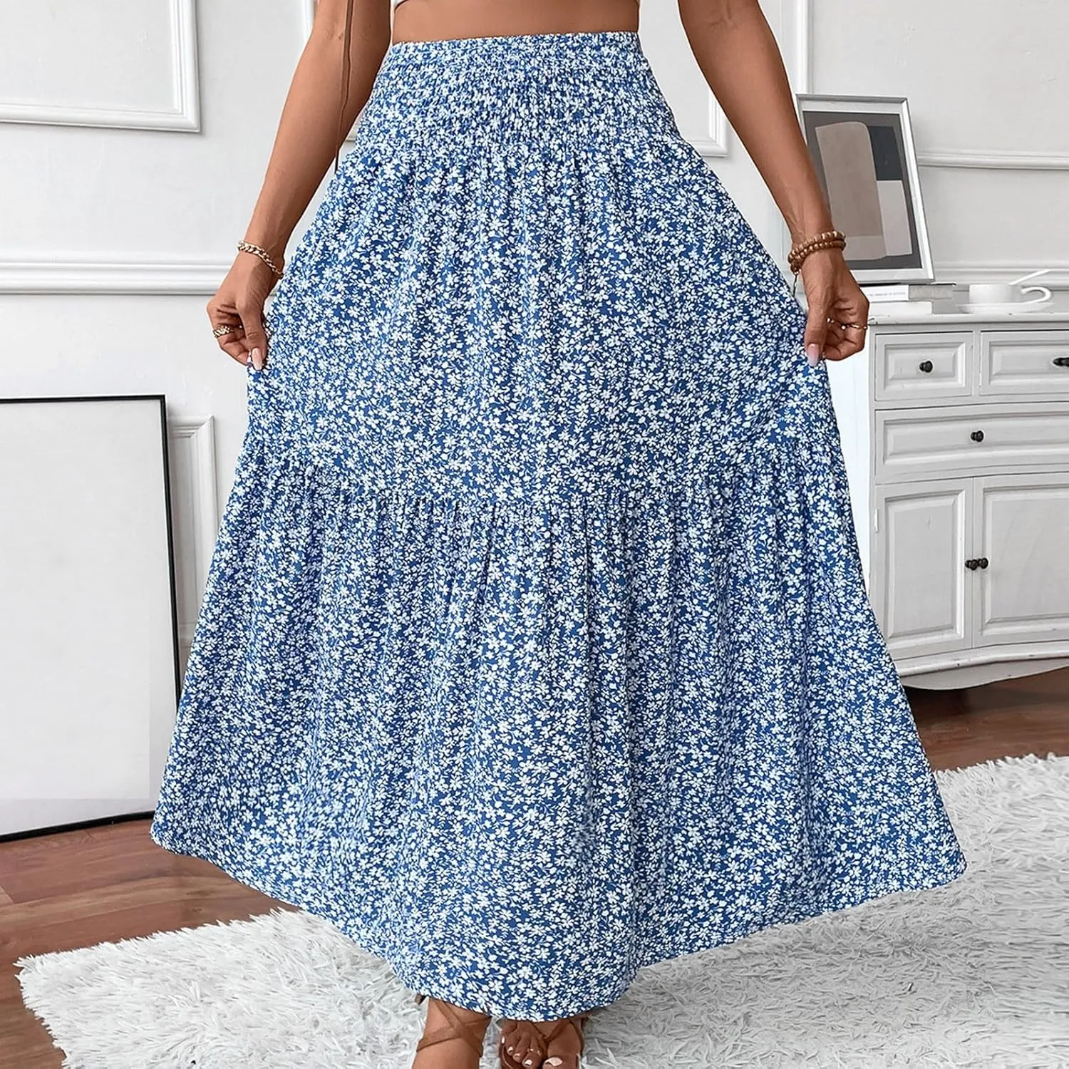 Women's Skirts Bohemian Long Skirts Flowy High Waist A Line Maxi Skirts Summer Pleated, S-XL