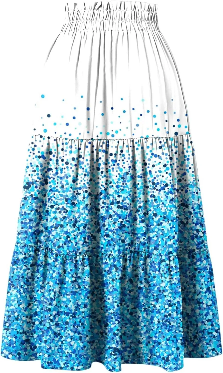 Women's Sundresses Boho Floral Skirt Casual Elastic High Waist Maxi Skirts Flowy A Line Beach Long Skirt, S-2XL