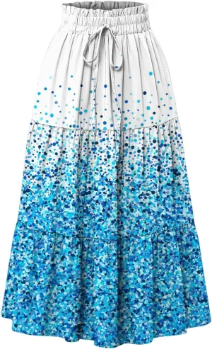 Women's Sundresses Boho Floral Skirt Casual Elastic High Waist Maxi Skirts Flowy A Line Beach Long Skirt, S-2XL