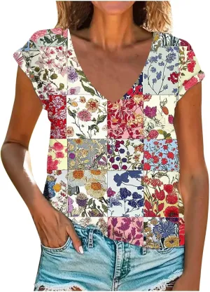 Womens Tops Dressy Casual V Neck Blouse Vintage Floral Graphic Tee Cap Sleeve T Shirts Summer Trendy Outfits 2025